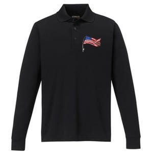 American Flag Fishing Rod 4th Of July Patriotic Fisherman Performance Long Sleeve Polo