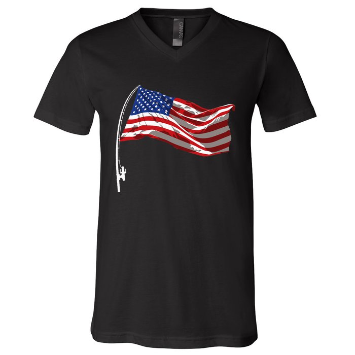 American Flag Fishing Rod 4th Of July Patriotic Fisherman V-Neck T-Shirt