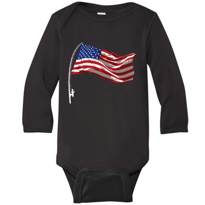 American Flag Fishing Rod 4th Of July Patriotic Fisherman Baby Long Sleeve Bodysuit