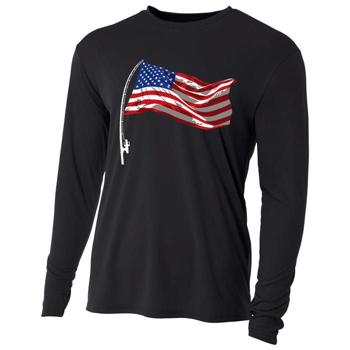 American Flag Fishing Rod 4th Of July Patriotic Fisherman Cooling Performance Long Sleeve Crew