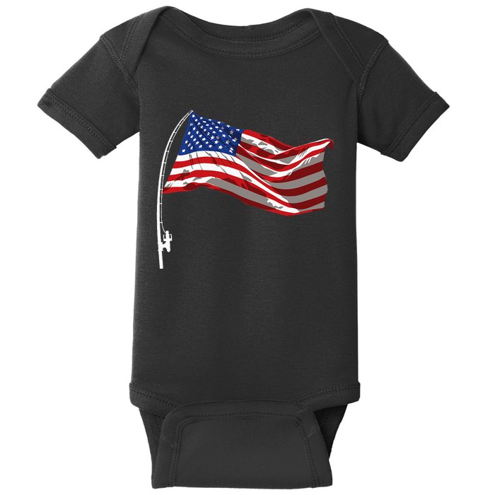 American Flag Fishing Rod 4th Of July Patriotic Fisherman Baby Bodysuit