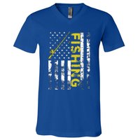 American Flag Fishing Rod Usa Patriotic Gift V-Neck T-Shirt