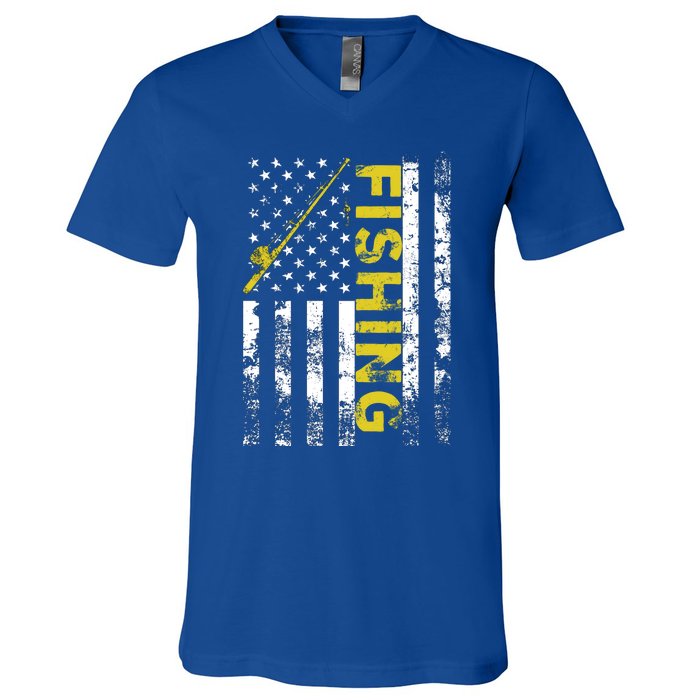 American Flag Fishing Rod Usa Patriotic Gift V-Neck T-Shirt