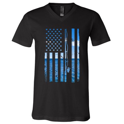 American Flag Fish Fisher Fisherman Funny Bass Fishing Usa V-Neck T-Shirt