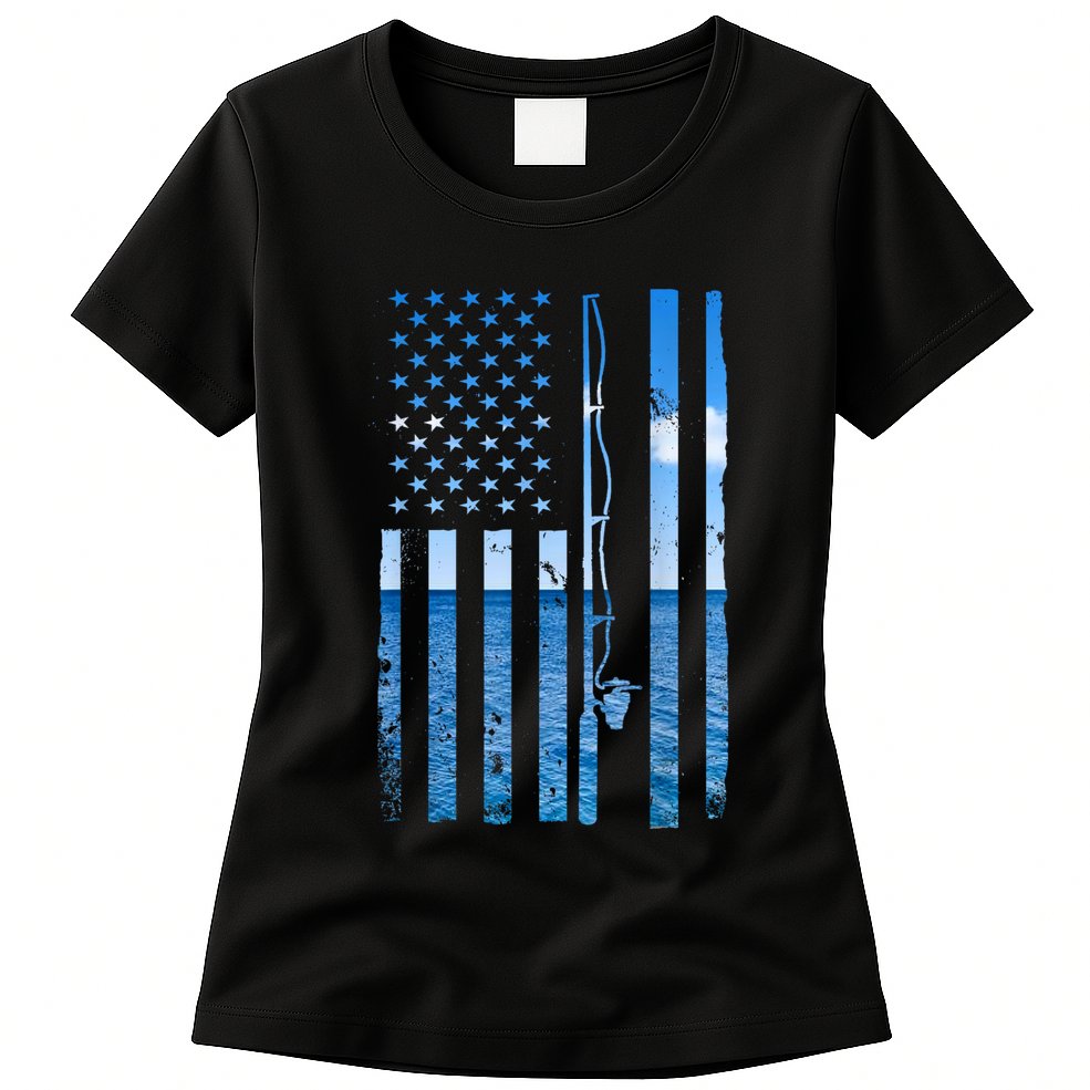 American Flag Fish Fisher Fisherman Funny Bass Fishing Usa Womens T-Shirt