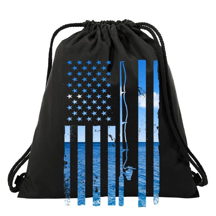 American Flag Fish Fisher Fisherman Funny Bass Fishing Drawstring Bag