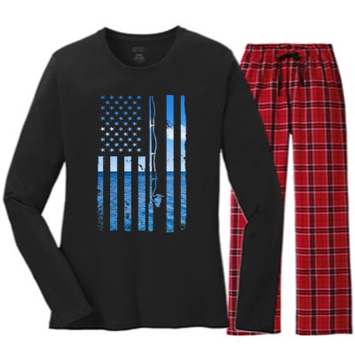 American Flag Fish Fisher Fisherman Funny Bass Fishing Women's Long Sleeve Flannel Pajama Set 