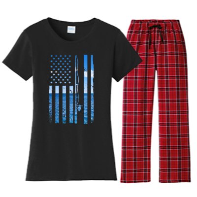 American Flag Fish Fisher Fisherman Funny Bass Fishing Women's Flannel Pajama Set