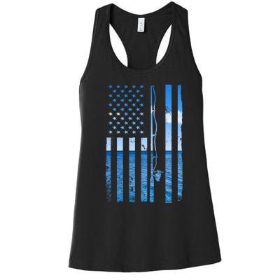 American Flag Fish Fisher Fisherman Funny Bass Fishing Women's Racerback Tank