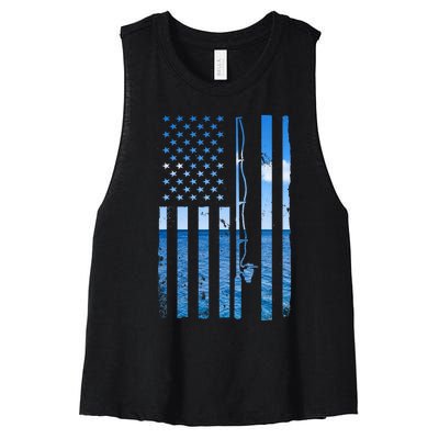 American Flag Fish Fisher Fisherman Funny Bass Fishing Women's Racerback Cropped Tank