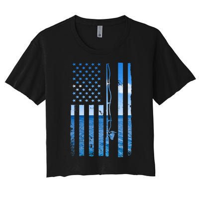 American Flag Fish Fisher Fisherman Funny Bass Fishing Women's Crop Top Tee