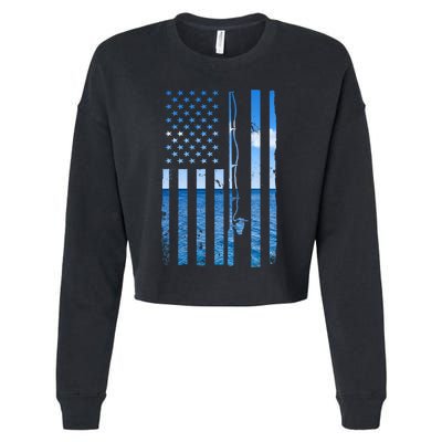 American Flag Fish Fisher Fisherman Funny Bass Fishing Cropped Pullover Crew