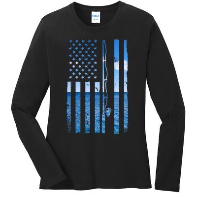 American Flag Fish Fisher Fisherman Funny Bass Fishing Ladies Long Sleeve Shirt