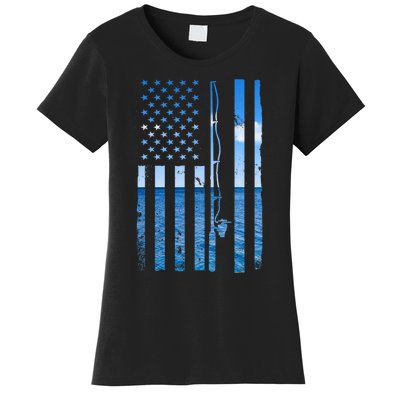 American Flag Fish Fisher Fisherman Funny Bass Fishing Women's T-Shirt