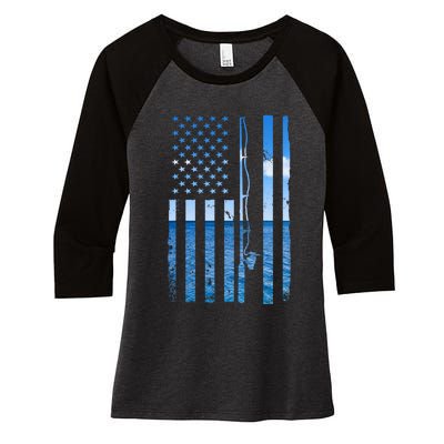 American Flag Fish Fisher Fisherman Funny Bass Fishing Women's Tri-Blend 3/4-Sleeve Raglan Shirt