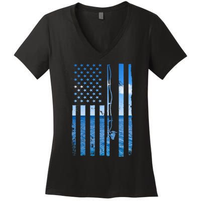 American Flag Fish Fisher Fisherman Funny Bass Fishing Women's V-Neck T-Shirt