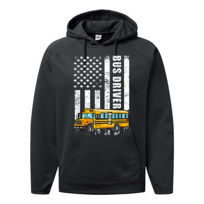 American Flag Funny School Bus Driver Performance Fleece Hoodie