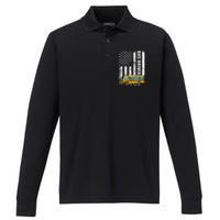 American Flag Funny School Bus Driver Performance Long Sleeve Polo