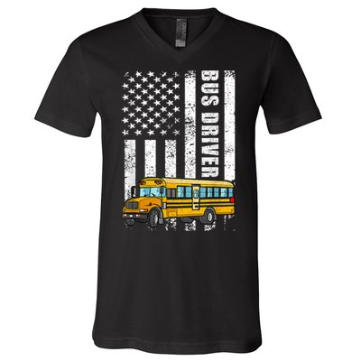 American Flag Funny School Bus Driver V-Neck T-Shirt