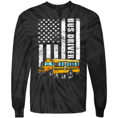 American Flag Funny School Bus Driver Tie-Dye Long Sleeve Shirt