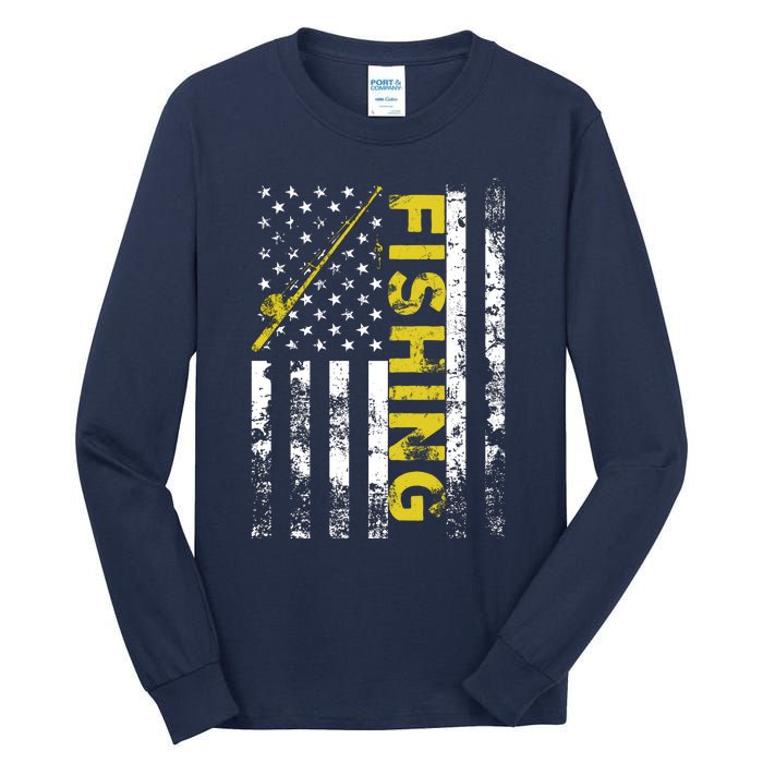 American Flag Fishing Rod USA Patriotic Hoodie Tall Long Sleeve T-Shirt