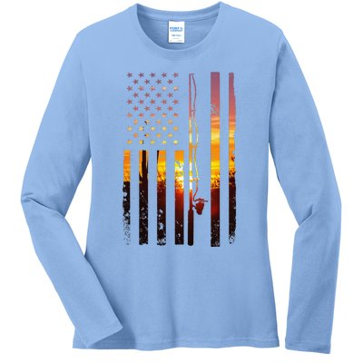 American Flag Fish Fisher Fisherman Funny Bass Fishing Usa Ladies Long Sleeve Shirt