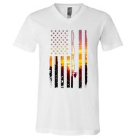 American Flag Fish Fisher Fisherman V-Neck T-Shirt