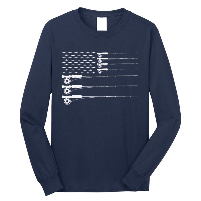 American Flag Fly Fishing Rod Trout Patriot Gift Long Sleeve Shirt