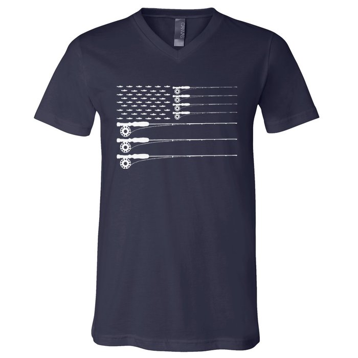 American Flag Fly Fishing Rod Trout Patriot Gift V-Neck T-Shirt