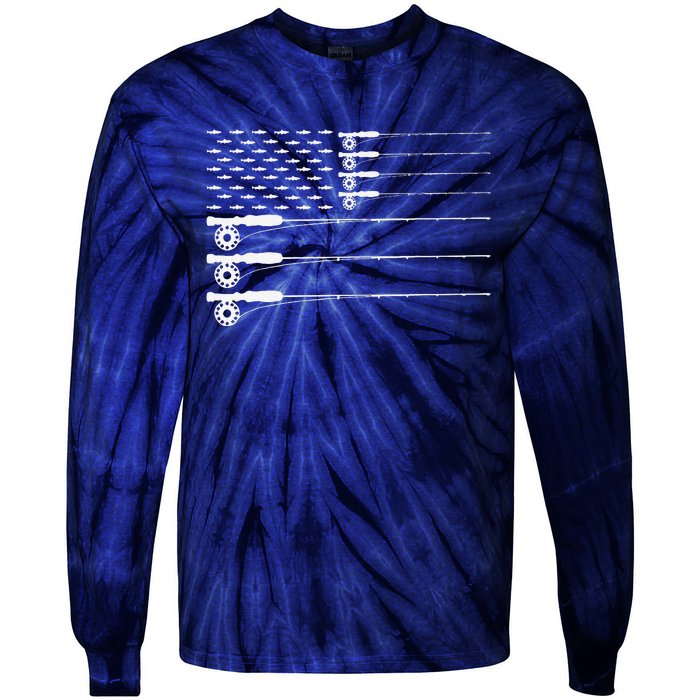 American Flag Fly Fishing Rod Trout Patriot Gift Tie-Dye Long Sleeve Shirt