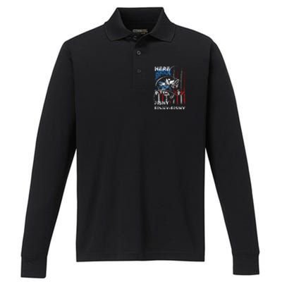 American Flag Fishing Here Fishy Fisherman Dad Papa On Back Performance Long Sleeve Polo