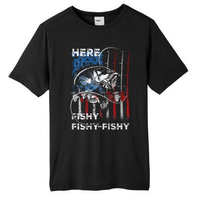 American Flag Fishing Here Fishy Fisherman Dad Papa On Back Tall Fusion ChromaSoft Performance T-Shirt