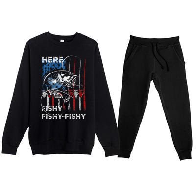 American Flag Fishing Here Fishy Fisherman Dad Papa On Back Premium Crewneck Sweatsuit Set