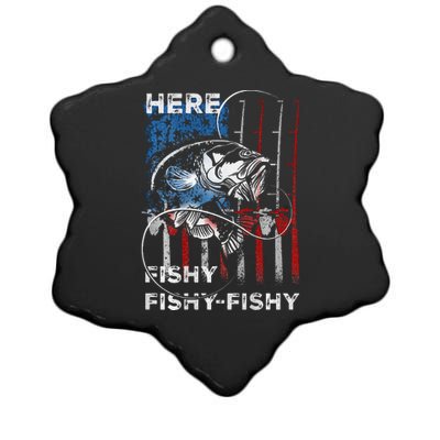 American Flag Fishing Here Fishy Fisherman Dad Papa On Back Ceramic Star Ornament