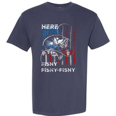 American Flag Fishing Here Fishy Fisherman Dad Papa On Back Garment-Dyed Heavyweight T-Shirt