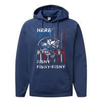 American Flag Fishing Here Fishy Fisherman Dad Papa On Back Performance Fleece Hoodie