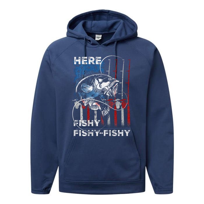 American Flag Fishing Here Fishy Fisherman Dad Papa On Back Performance Fleece Hoodie