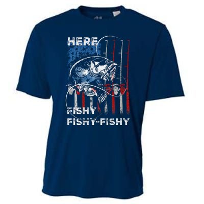 American Flag Fishing Here Fishy Fisherman Dad Papa On Back Cooling Performance Crew T-Shirt