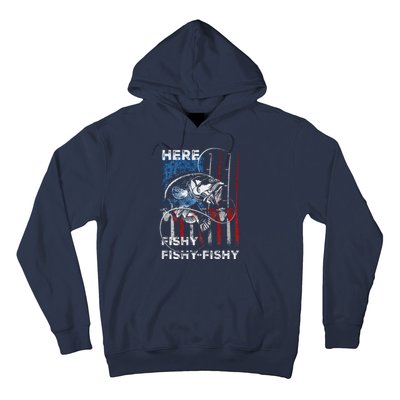 American Flag Fishing Here Fishy Fisherman Dad Papa On Back Hoodie