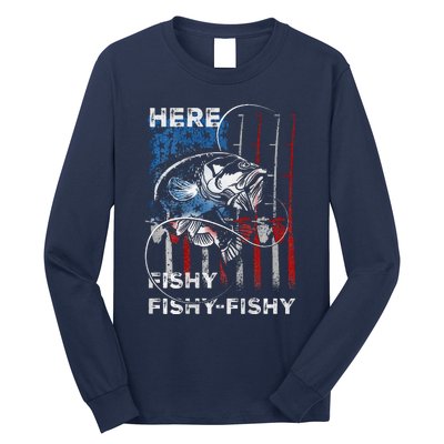 American Flag Fishing Here Fishy Fisherman Dad Papa On Back Long Sleeve Shirt