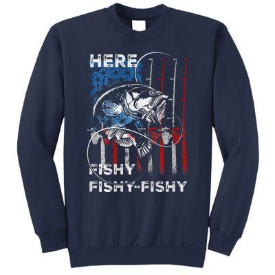 American Flag Fishing Here Fishy Fisherman Dad Papa On Back Sweatshirt