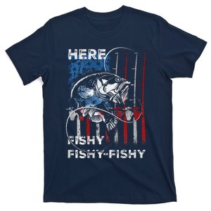 American Flag Fishing Here Fishy Fisherman Dad Papa On Back T-Shirt