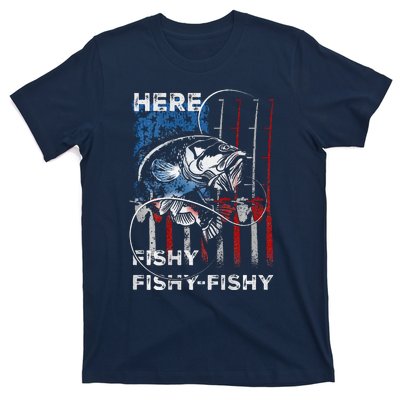 American Flag Fishing Here Fishy Fisherman Dad Papa On Back T-Shirt