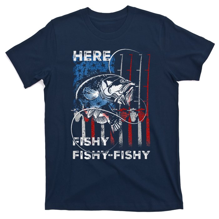 American Flag Fishing Here Fishy Fisherman Dad Papa On Back T-Shirt