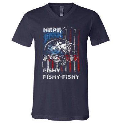 American Flag Fishing Here Fishy Fisherman Dad Papa On Back V-Neck T-Shirt