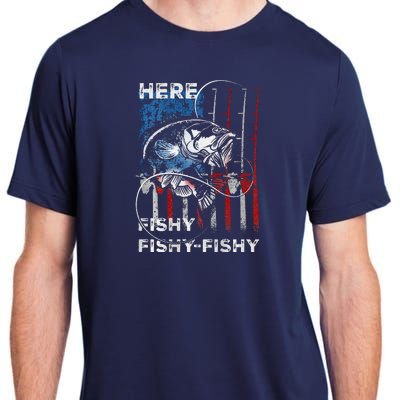 American Flag Fishing Here Fishy Fisherman Dad Papa On Back Adult ChromaSoft Performance T-Shirt