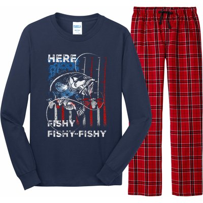 American Flag Fishing Here Fishy Fisherman Dad Papa On Back Long Sleeve Pajama Set