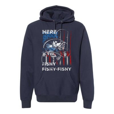 American Flag Fishing Here Fishy Fisherman Dad Papa On Back Premium Hoodie