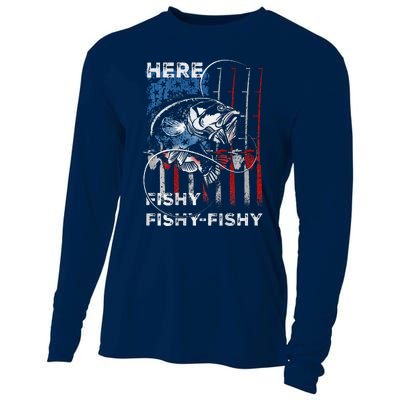 American Flag Fishing Here Fishy Fisherman Dad Papa On Back Cooling Performance Long Sleeve Crew