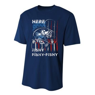 American Flag Fishing Here Fishy Fisherman Dad Papa On Back Performance Sprint T-Shirt